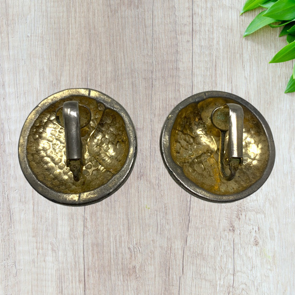 Vintage 1980's Teal Enamel Clip On Button Earrings Avant Garde New Wave Punk - Picture 2 of 5